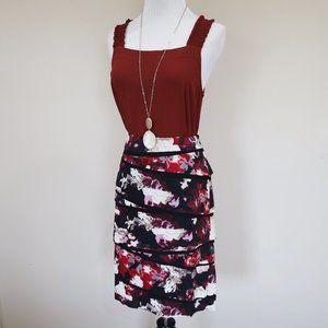 WHITE HOUSE BLACK MARKET Size 4 Burgundy Black Floral Skirt Blouse Set